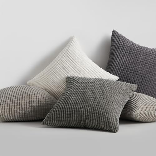 Grey Couch Pillow Covers for Living Room 45x45 cm Set of 4,Mid Century Modern White Neutral Corduroy Corn Throw Pillows,Rustic Square Bench Chair Cushion(18 Inch/Grey)