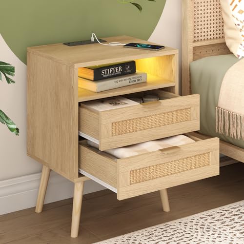 Rattan nightstand with charging station, LED lights and 2 drawers, view 2