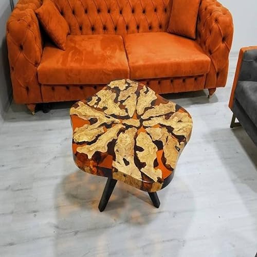 RESINHOMEFURNITURE Orange Epoxy Resin Coffee Table Unique Wood Flower Design Side Table, Living Room Table, Bedroom Table, Handmade Natural Wood Decor (Without Stand, 30 x 30 Inches)