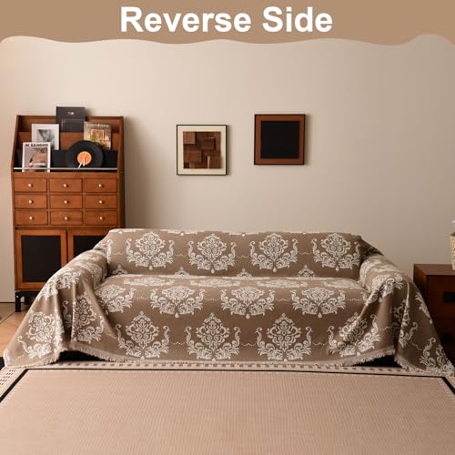 Bohemian Baroque Pattern Couch Cover Washable Chenille Beige Taupe Damask Design Sofa Slip Cover for 2 Cushion Couch Living Room Classic Decorative Furniture Protector 71" x 118"