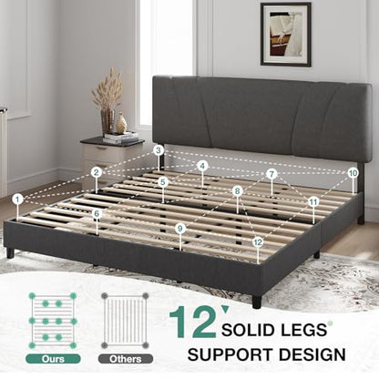 Linen Upholstered King Bed Frame with Wood Slats and Grey Feet, view 6