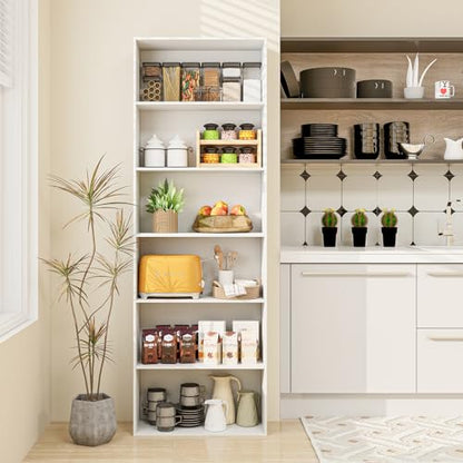 6-Tier Bookcase, 70” Tall Freestanding Bookshelf with 6 Open Shelves, Anti-Toppling Kits, Floor Display Storage Organizer for Living Room, Study, Kitchen, Home & Office (White, 70" H)