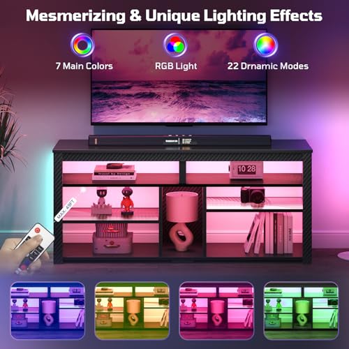 Gaming LED TV Stand with Storage, 55 Inch, Carbon Fiber Black, view 6