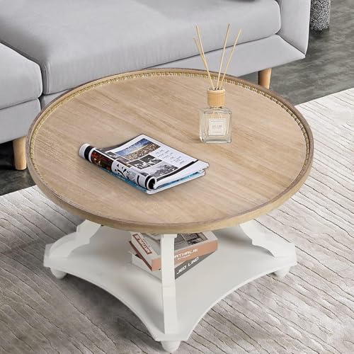 Farmhouse Round Coffee Table, Wood Tray Top Circle Coffee Table with Storage Shelf Rustic Style for Living Room and Vintage Finish, White