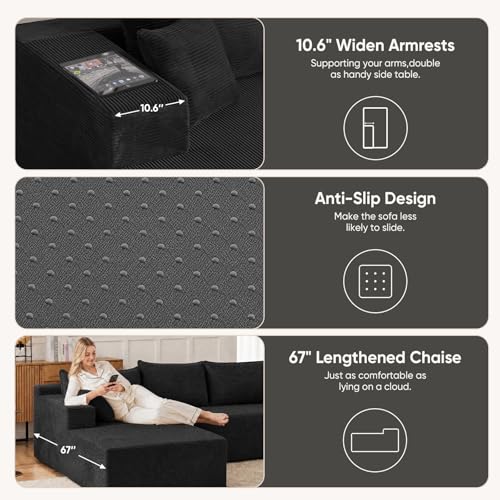 Boneless Couch, 102.4" Sectional Couches for Living Room with L Shape Sofa | Cloud Couch Sectional with Chaise, Modular Cloud Sofa with Deep Seat, No Assembly, Black, Corduroy, Left Chaise