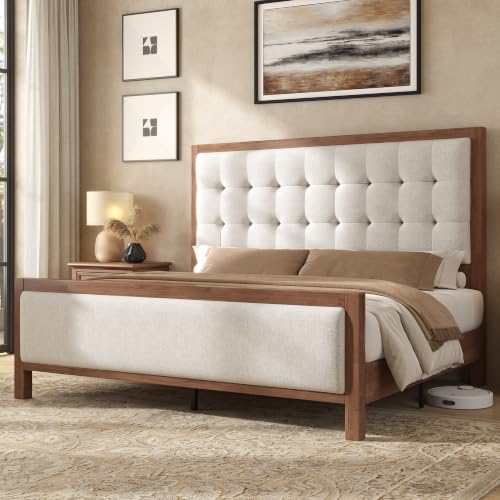 Queen Solid Wood Bed Frame 50" Tall Headboard&Footboard, Walnut, view 2