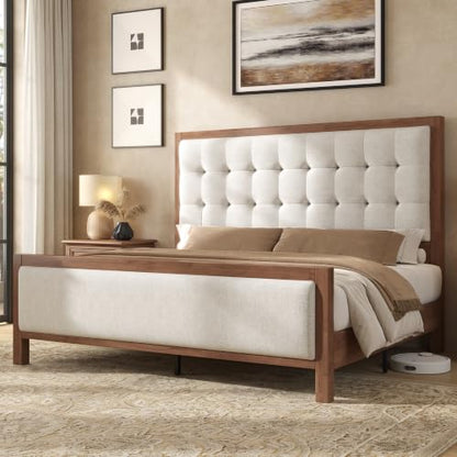 Queen Solid Wood Bed Frame 50" Tall Headboard&Footboard, Walnut, view 2