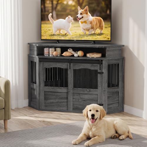 52" Corner Dog Crate for Medium Dogs, Indoor Dog Kennel Grey, view 5
