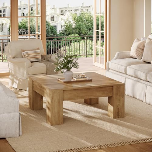 Tribesigns Farmhouse Square Coffee Table, 39-Inch Wooden Coffee Table with Sturdy Legs, Rustic Accent Center Table for Living Room, Easy Assembly, Light Brown