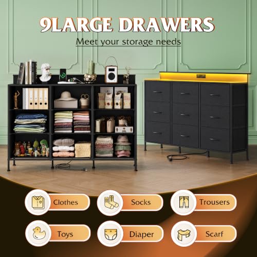 Dresser TV Stand with LED Lights & Outlets, 9 Fabric Drawers, Black, view 7