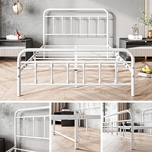 Full Size Bed Frame with Headboard and Footboard Vintage Metal White, view 7