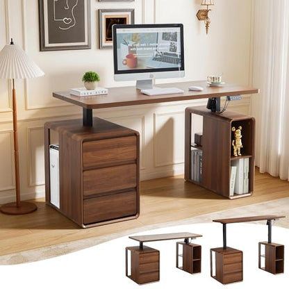 Electric Standing Desk with Drawers, 55" Office Desk Height Adjustable Executive Desk with Storage Shelves, Simple Setup Wood Desk Home Office Stand up Desk for Work, Study, Writing, Walnut