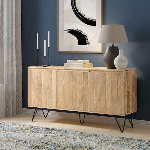 Hunter Buffet - 60 inch Wide Solid Mango Wood 3-Door Sideboard Buffet in Natural, Contemporary Storage Cabinet for Dining Room or Kitchen with Adjustable Shelves and Metal Legs