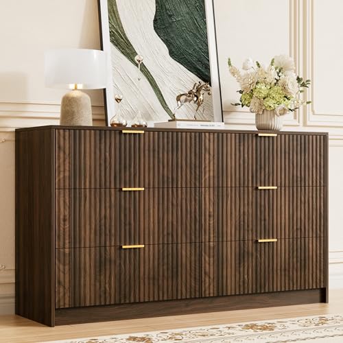 Walnut Dresser for Bedroom, Modern Dresser with 6 Drawers and Smooth Slides, view 2