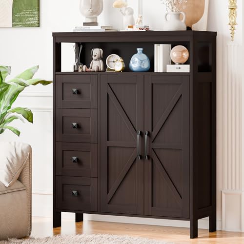 Farmhouse Storage Cabinet with 2 Doors and 4 Drawers, Freestanding Bathroom Compartment Kitchen Pantry Cabinet, Floor Cupboard for Kitchen/Living Room/Bathroom, Espresso