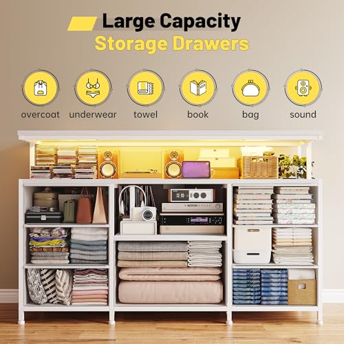 Dresser TV Stand for 55" TV, 7 Fabric Drawer Dressers and 2 Open Storage Shelves, White Dresser for Bedroom with LED Lights & Power Outlets, Closet, Entryway, Hallway, Dorm