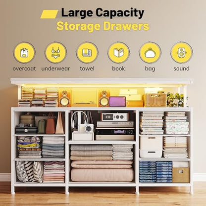 Dresser TV Stand for 55" TV, 7 Fabric Drawer Dressers and 2 Open Storage Shelves, White Dresser for Bedroom with LED Lights & Power Outlets, Closet, Entryway, Hallway, Dorm