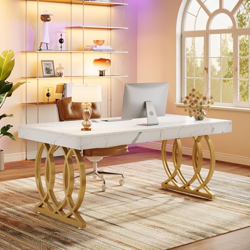 Tribesigns 63-Inch Executive Desk, Modern Office Computer Desk with Stylish Gold Legs, Rectangular Workstation for Home Office, Small Conference Table for Meeting Room (White & Gold)