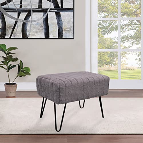 Super Mink Faux Fur Gray Ottoman Bench 19" x 13" x 17", Charcoal, Living Room Foot Rest Stool Entryway Makeup Bench End of Bed Bedroom Home Decor Chair for Sitting