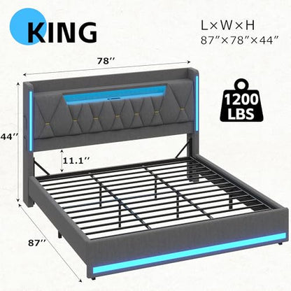 King Size Bed Frame with Storage Headboard and LED Lights, view 3