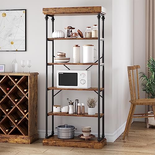 6 Tier Bookshelf Industrial Bookcase Wood Tall Standing Bookshelves Wood Vintage Display Rack Rustic Bookshelf
