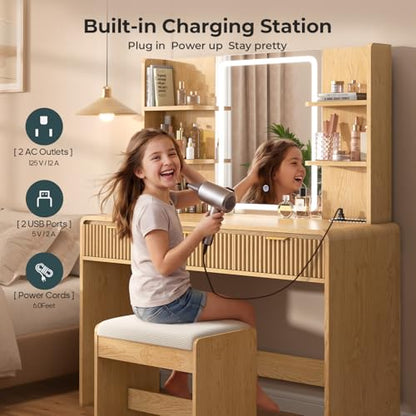 Fluted Vanity Desk with Mirror Light, Stool, Power Outlet Natural | 3 Color Touch Control Light, Fluted Wood Drawers, 3 Drawers 4 Shelves, Ideal Bedroom Furniture for Girls Age 8-16