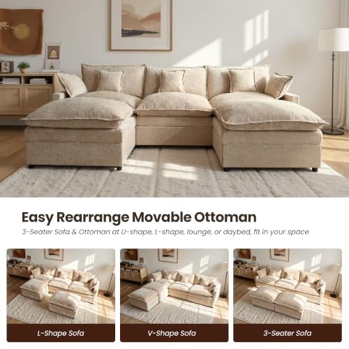 108'' U Shaped Cloud Couch, 3-Seater Sofa with 2 Ottoman, Oatmeal, view 7