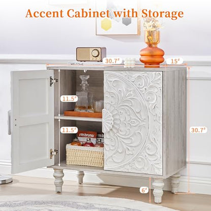 White Distressed Carved Accent Cabinet,2 Door Vintage Storage Sideboard, view 4