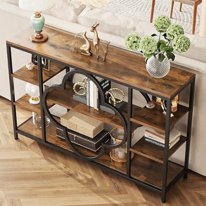 47" Farmhouse Console Tables for Entryway Retro Sofa Table Behind Couch Open Display Storage Shelves for Foyer, Hallway, Front Door,Living Room,Elegant Four-Leaf Clover (Rustic Brown, 47")