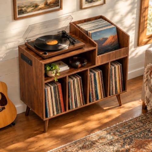 Large Record Player Stand with Built-in Outlet and LED Light, Walnut, view 6