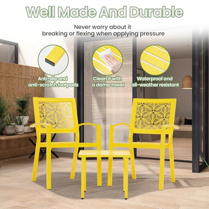 3 Piece Patio Bistro Set, Outdoor Steel Furniture Set, Stackable Modern Conversation Sets for Balcony Garden Deck Patio w/2 Chairs 1 Table, Yellow