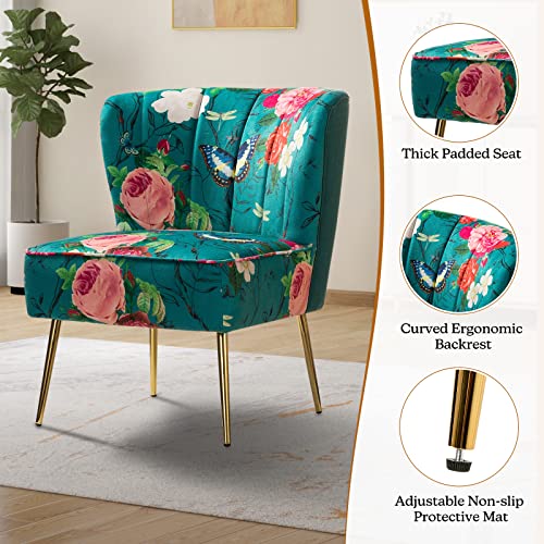 Accent Chair with Golden Metal Legs, Comfy Tufted Wingback Living Room Chair Floral Fabric Small Armless Side Chair, Upholstered Slipper Chair for Bedroom, Reading Room (Flower Print&BLUE)
