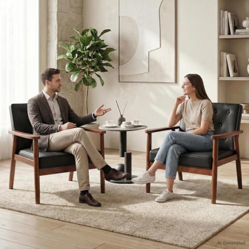 Mid-Century Retro Modern Solid Wood Armrest Black Accent Chairs Set of 2, Faux Leather Arm Chairs for Living Room, Waiting Room Chairs (2, Black)