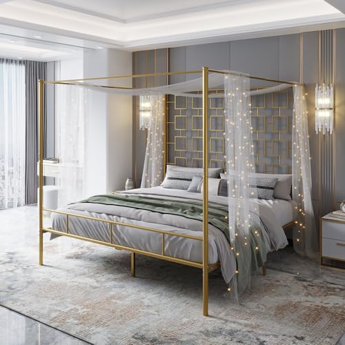 King Size Canopy Bed Frame, Four-Poster Platform Bed with Metal Slats Support, view 4