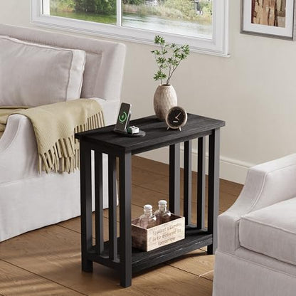 Mission End Tables Set of 2, Narrow Side Tables for Small Spaces, Night Stands with Storage Shelf for Living Room and Bedroom, Black