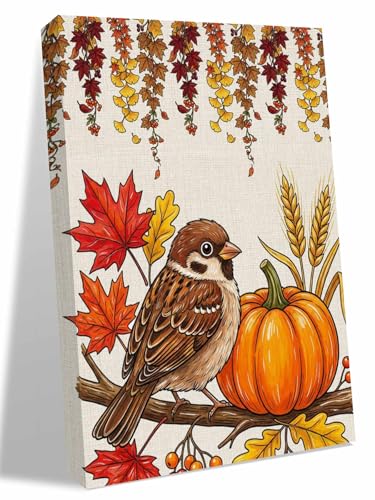 NuYeBiofx Thanksgiving Bird Pumpkins Canvas Wall Art Prints,30"x20" Framed Picture Artwork Fall Maple Leaves Printed Canvas Oil Painting for Living Room Bedroom Office,Ready to Hang