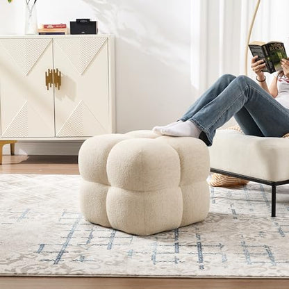 Beige Modern Ottoman, 21" Square Funky Pouf Ottoman, Linen Fabric Upholsered Foot Rest, Small Coffee Table & Couch Footstool & Vanity Chair for Living Room Bedroom, Dorm, Cute Pouf Home Decor