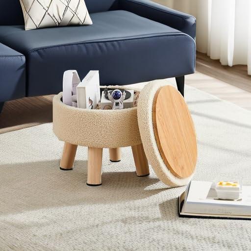 Storage Ottoman, Modern Round Footrest with Soft Padded Seat, Teddy Velvet Footstool with Wood Legs, Accent Small Table or Plant Stand for Hallway, Living Room (Off-White)