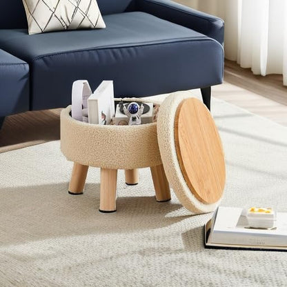 Storage Ottoman, Modern Round Footrest with Soft Padded Seat, Teddy Velvet Footstool with Wood Legs, Accent Small Table or Plant Stand for Hallway, Living Room (Off-White)