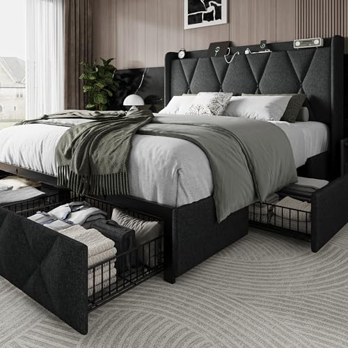 Full Size Bed Frame with 4 Storage Drawers and Charging Station, view 2