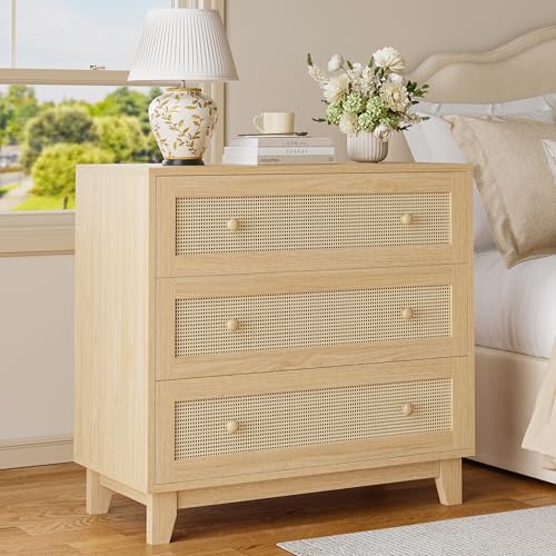 Rattan 3 Drawer Dresser for Bedroom, Small Boho Dresser with Wood Handles, view 2