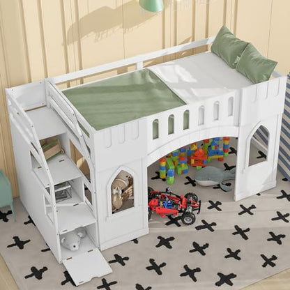 Low Loft Bed with Stairs, Twin Size Loft Bed with Storage Staircase and Window, Wood Loft Bed Frame for Kids Teens - White