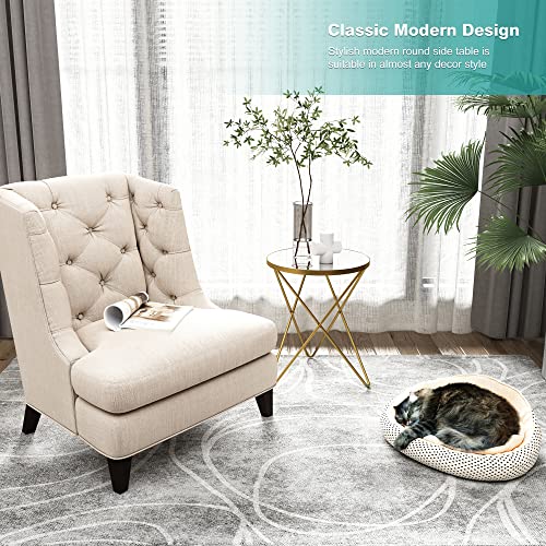 Modern Round Side Table, End Table with Marble Effect Top and Gold Metal Frame, view 6