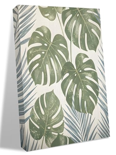 NuYeBiofx Farm Retro Monstera Palm Leaves Canvas Wall Art Prints,40"x28" Framed Picture Artwork Sage Green Gray Plant Printed Canvas Oil Painting for Living Room Bedroom Office,Ready to Hang