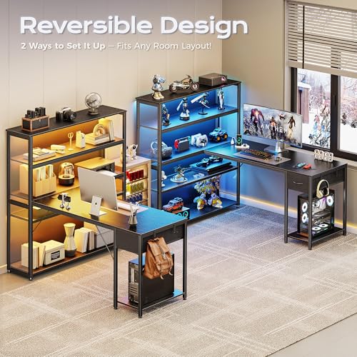 57 Inch L Shaped Gaming Computer Desk with Larger Open Cabinet, Reverisble Office Desk with Power Outlets, LED Lights, Work Desk, Fabric Drawer, Adjustable Wood and Mesh Shelf, Black