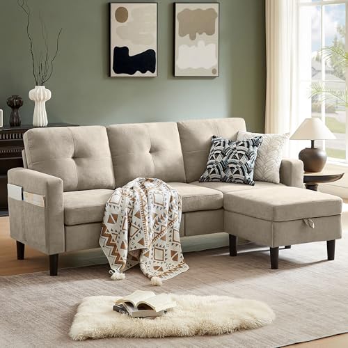 79" Convertible Sectional Sofa, Small L Shaped 3 Seat Couch with Storage Chaise and Side Pocket, Modern Polyester Fabric Reversible Sofa Couches for Living Room, Apartment and Small Space