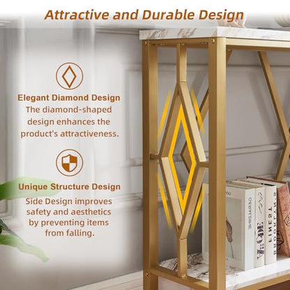 55 Inch Modern Entryway Console Table, White & Gold Faux Marble Top Engineered Wood Sofa Table with 2-Tier Open Storage, Entry Table for Hallway & Living Room