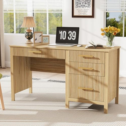 Executive Desk with Drawers: 54" Oak Home Office Desks with File Drawer, view 2