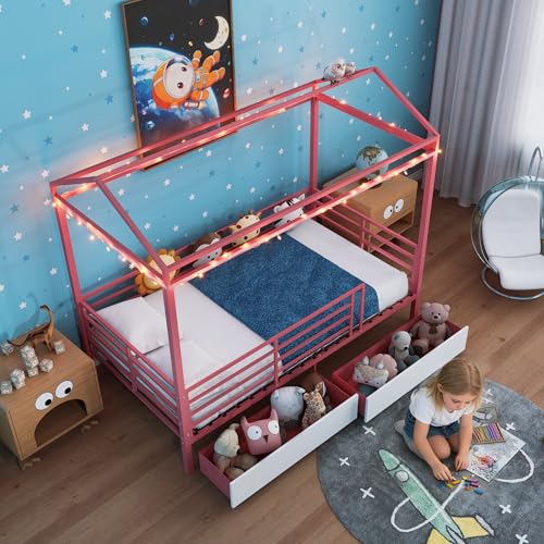 LUMISOL Twin House Bed Frame with Drawers & Guardrail, Metal House Platform Bed with Storage, Pink