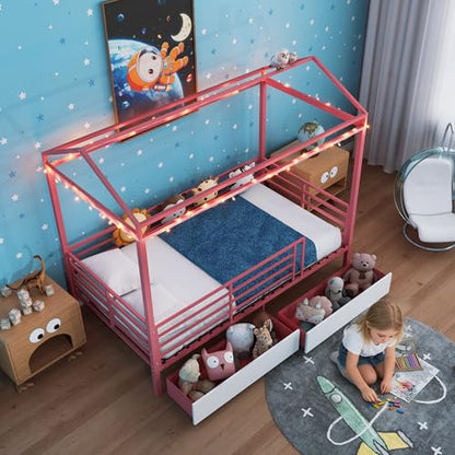 LUMISOL Twin House Bed Frame with Drawers & Guardrail, Metal House Platform Bed with Storage, Pink